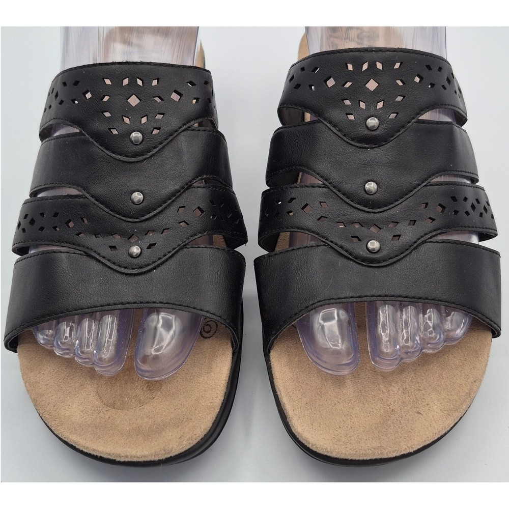 Baretraps Slide Sandals 9 Black Laser Cut Studded Comfort Wedge Slip On Shoes